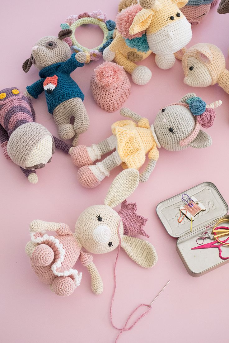 Cute handmade crochet stuffed animals arranged together, featuring safari and animal-themed crochet toys| Crochet