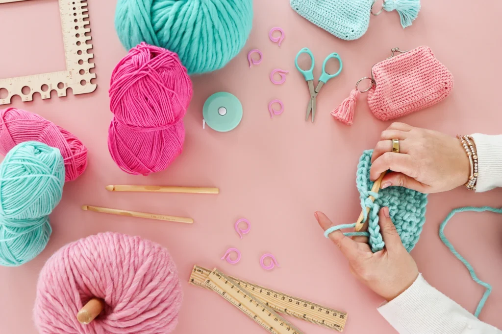 Handmade crochet materials and finished crochet swatches arranged in a colorful aesthetic collage| Crochet